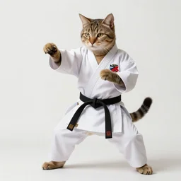 realistic photo of a humanoid cat wearing a karate uniform in fighting pose