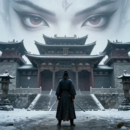 a man with a sword in ancient clothes stands in front of a magnificent ancient chinese sect. there are a pair of huge eyes in the sky. it is snowing, bleak, lonely, movie view, super detail, illustration, 4 k, unreal engine.