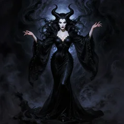 style of frank frazetta : : gorgeous willa holland : : evil witch, swirling black magic, black dress : : symmetrical face, symmetrical eyes : : full body pose : : gorgeous black hair : : magic lighting, low spacial lighting : :