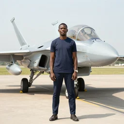 nigerian man standing in front of a fighter jet