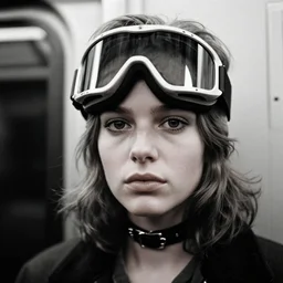 close - up portrait of a young woman wearing a choker and ski goggles, in a subway, richard avedon, tri - x pan