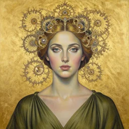 epic painting, full figure portrait of beautiful goddess face wearing olive dress. teacup fractals, drawing, photography by amy leibowitz, wlop, jeremy lipkin, beeple, intricate, symmetrical front portrait, artgerm, golden glowing background