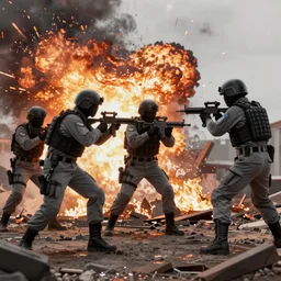 Mercenary Special Forces soldiers in grey uniforms with black armored vest and black helmets assaulting a burning exploding devastated fjord Norway in 2022, Canon EOS R3, f/1.4, ISO 200, 1/160s, 8K, RAW, unedited, symmetrical balance, in-frame, combat photography, colorful