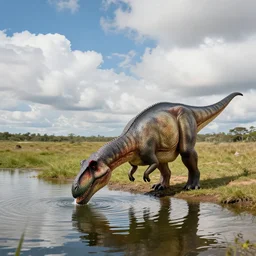patagotitan dinosaur drinking water in a lake, beautiful landscape with many clouds