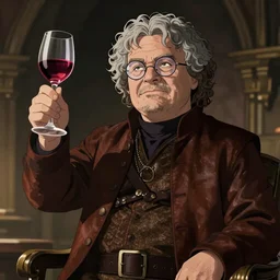 George R.R. Martin as Tyrion Lannister wearing glasses with grey hair raising a glass of wine, fantasy leather clothing, ambient lighting, 4k, anime key visual, lois van baarle, ilya kuvshinov, rossdraws, artstation