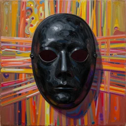 black mask, grotesque, doomed, acrylic paint, gouache on canvas, vibrant colors, grotesque, wrapped thermal background, art francis bacon