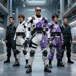 cyborg with white purple and black ancestral ornate japanese tactical gear standing in a futuristic factory, long shot, by irving penn and storm thorgerson, ren heng, peter elson, alvar aalto