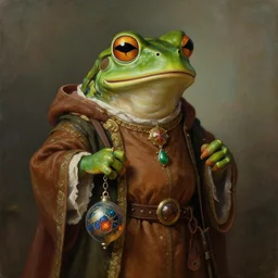 Portrait of a medieval humanoid frog dressed in rich clothes and carrying magic trinkets, painted by Craig Mullins, trending on ArtStation