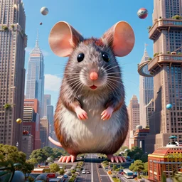 giant mouse in the city, photorealistic, highly detailed, sharp focus, vivid, colorful, symmetrical, random, convoluted, mind - blowing, creative, fully functional, end of the world, physics defying, amazing, cool, hdr