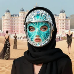 an illustration by guy billout of a girl wearing black scarf and crystal wormhole turquoise vibrational radio vhs color rays helmet mask in porcelain sand dunes feature in vogue and gq editorial fashion, beautiful eyes, close up shot, haute couture dresses in givenchy and salvatore ferragamo, the grand budapest hotel