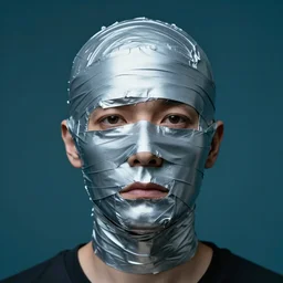 studio portrait of a human head completely wrapped in silver duct tape. dark cyan backdrop. shot by darren aronofsky, 4 k
