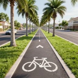 long shots of sidewalk with bike path, palm trees, accessible for the disabled, by professional photographer, 8 k resolution, photo, high quality, unreal engine, 3 d