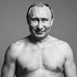 vladimir putin sigma male, megachad, grindset, muscular, black and white image, powerful jaw, smiling, 8 k, professional portrait photography