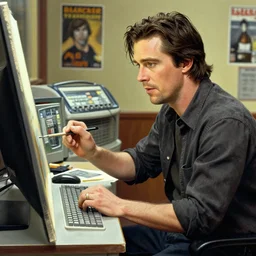 christian bale as patrick bateman working at blockbuster video, painting by norman rockwell, highly detailed