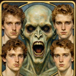 greg rutkowski and alphonse mucha gediminas pranckevicius | close up portrait of a monster in the sinister valley of despair, one mouth, one nose, two eyes, oil painting by tomasz jedruszek, cinematic lighting, pen and ink, intricate line, hd, 4 k, million of likes, trending on artstation