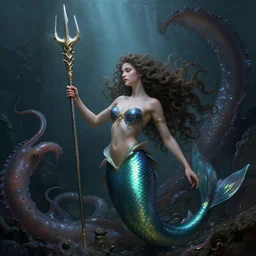 legendary mermaid emerging holding trident, fighting giant squid, elegant, pretty face, long curly hair, dark fantasy, scifi, volumetric lights, intricate, intense detail, digital painting, artstation, concept art, soft shading, cinematic, hyperealistic, illustration, 3 d 4 k