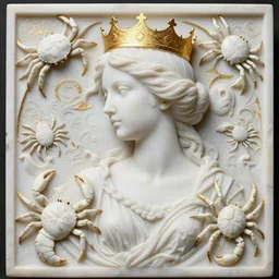 white marble, white marble bas relief sculpture of a girl with a crown on her head, white and gold kintsugi, feminine shapes, crabs, spiders, scorpions, tarantulas, stunning, art by hr geiger and ridley scott and alphonse mucha and josephine wall, highly detailed, intricately detailed, art nuevo, octane, 8 k, trending on artstation,