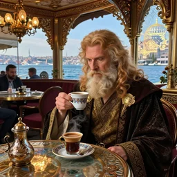 elrond the lord of rivendell having a cup of turkish coffee in a coffee house overlooking the bosphorus strait in istanbul, cinecolor, lumen reflections, detailed and intricate, hypermaximalist, elegant, ornate, fantasy art, by caspar david friedrich, by tolkien