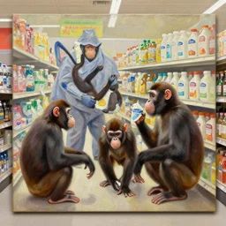Apes working in a bed bath and beyond store, award winning oil painting