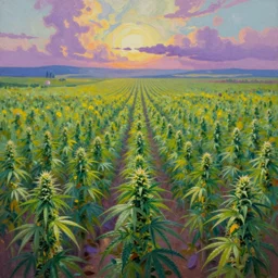 beautiful cannabis fields on an alien landscape, colorful oil painting