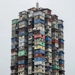 close - up view of high towers, made up of stacked makeshift squatter shacks with faded colours, plain uniform sky at the back, misty, mamiya, ultra sharp, very detailed, photographed by julie blackmon