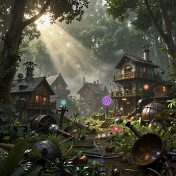 a steampunk village in a forest on a summers day, suns rays, rain, lush vegetation, junk everywhere, neon signs, magical atmosphere, mist, photo realistic, 35mm, octane render, 8k, guido borelli da caluso