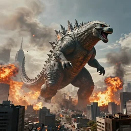 a massive kaiju monster attacking a city. photorealistic, cinematic, highly realistic render, wide view, wide angle, 8 k, apocalyptic, destruction, explosions, fires, smoke
