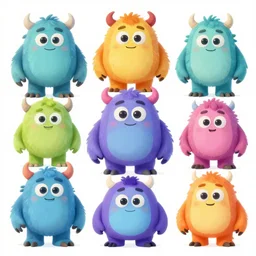 concept sheet of cute colorful, family friendly, monster characters for kids assisting a concept machine, black background, big eyes, big eyes, simple smooth shapes and forms, photo cartoon illustration, digital painting, alejandro alvarez alena aenami, by carel willink and gregory crewdson, by thomas kinkade
