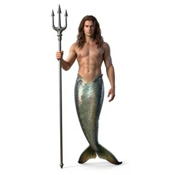 weathered merman with trident, photorealistic portrait photography, full body, standing, isolated on a pure white background, centered, whole figure in frame, sharp focus, studio lighting