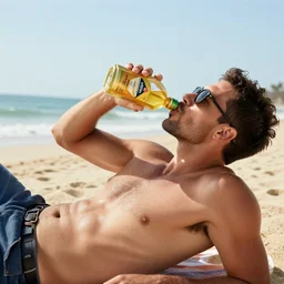 a man chilling on the beach drinking golden premium gasoline, realistic, hdr, clear image, hdd, dynamic lighting, rtx on,