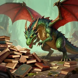 dragon being fed a pile of books, fantasy art illustration, trending on artstation