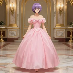 Rei Ayanami, wearing a pink ballroom gown, photorealistic background of a marble and gold ballroom, full body shot, highly detailed, smooth, digital painting by norman rockwell, promotional art