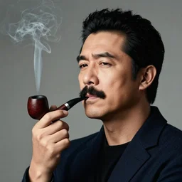 mario testino photography, a male portrait, black hair, moustache, smoking a pipe
