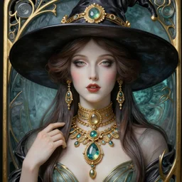 hyperrealistic detailed artnouveau witch woman portrait sharp - focus as lalique jewelry