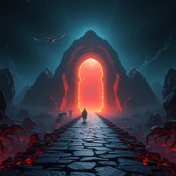 a straight stone pathway through giant glimmering lovecraftian portal, otherworldly creatures walking and flying, vast night sky lightens the scene, high sci - fi fantasy lovecraftian monsters, cryengine 8 k render, concept art by world of warcraft mass effect dnd overwatch dark souls, moody lightning, warm!!!! color palette