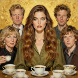 epic painting drawing, full figure portrait of beautiful supermodel wearing olive blouse, long wavy hair with golden tea leaf, surrounded by teacup, photography by amy leibowitz, wlop, jeremy lipkin, beeple, intricate, symmetrical front portrait, artgerm, golden glowing background