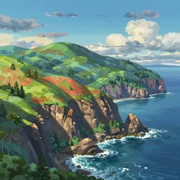 a beautiful illustration of a acadia national park, vivid colors, hills, ocean, cliffs, palm trees, by beeple, makoto shinkai, thomas kinkade, unreal engine, cryengine, artstation