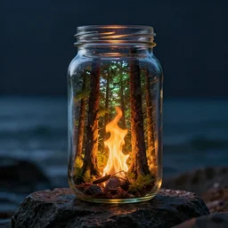 glass jar with a burning forest inside, standing on a rock at the sea, bokeh, dark background, dramatic lighting, hyperrealistic, volumentric lighting, highly detailed