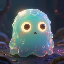 cute lil slime blob character, close - up portrait, translucent slime body and many blinking eyes, 3 d pixar style, trending on arstation octane rendered in 8 k unreal engine 5, cinematic and dramatic, gloomy, mystic and magical, fantastic and whimsical by studio ghibli in hearthstone style