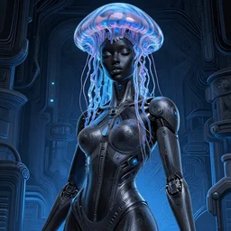 portrait of an absurdly beautiful, graceful, sophisticated, fashionable black cyberpunk mechanoid gravure idol, hyperdetailed illustration by irakli nadar, adut akech, matt wisniewski style, intricate linework, dark black skin, box jellyfish headdress, unreal engine 5 highly rendered, global illumination, blue light, detailed and intricate environment