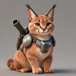 cute fluffy caracal sitting politely, facing the camera, anime art style, wearing futuristic, led - lit armor, and a cannon mounted on his back, portrait, high detail, sharp focus, digital painting, artstation, concept art, art by hayao miyazaki and artgerm and greg rutkowski and alphonse mucha.
