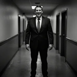 Ted Cruz with a wide grin standing in a long empty hallway, black and white, creepy lighting, highly detailed, scary, horror, eerie, fear