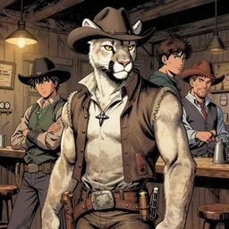 beautiful portrait commission of a male furry anthro albino mountain lion wearing old-timey miner's clothes in an old saloon. Atmospheric. Character design by charlie bowater, ross tran, artgerm, and makoto shinkai, detailed, inked, western comic book art