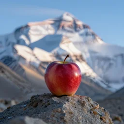 an apple made of stardust is sitting on the peak of mount everest, clear focus, bokeh effect, high res, hasselblad, professional photo