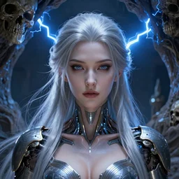 hyperrealistic cinematic, beautiful cyborg with brilliant silver flowing hair, detailed skull cave, blue lightning in the sky, stunning 3 d render inspired by istvan sandorfi & greg rutkowski, perfect symmetry, dim volumetric cinematic lighting, 8 k octane comprehensive render, extremely mega hyper - detailed and lifelike attributes & atmosphere, intricate, realistic flesh texture, masterpiece, artstation, stunning,