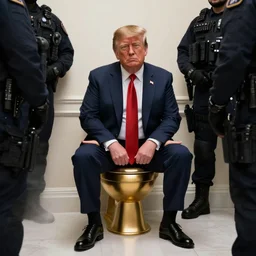 donald trump being arrested by a swat team while he is sitting on a golden toilet