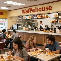 busy wafflehouse interior with customers eating breakfast and wafflehouse employees serving food and cooking behind countertop bar that has customers sitting at