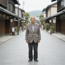 an old man standing in the middle of a japanese street, long shot from the back, street film photography Fuji Pro 400H