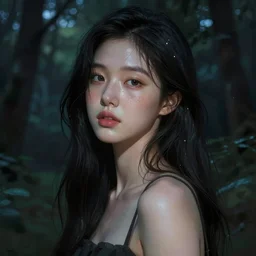 beautiful digital painting of a hoyeon jung stylish female forest night with high detail, real life skin, freckles, 8 k, stunning detail, lights, shadows, volumetric lighting, works by artgerm, greg rutkowski and alphonse mucha, unreal engine 5, 4 k uhd