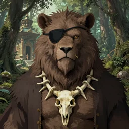 portrait of beast chief with eye - patch and necklace made from human bones, forest temple in the background, illustration concept trending pixiv fanbox by wlop and greg rutkowski and caravaggio and rosa bonheur, and william harnett